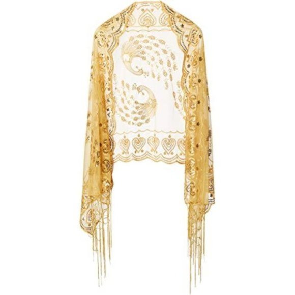 SEQUINED Peacock Shawl Wraps Fringed Evening Cape, Gold - Picture 4 of 6